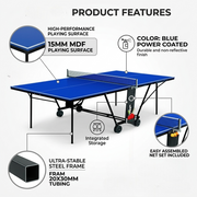 Marshal Fitness MF-1400 Table Tennis Table – 15MM MDF Indoor Ping Pong Table with Folding Design, 4 Wheels for Easy Mobility, Ball & Bat Holder, Quick Assembly, Blue Playing Surface