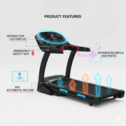 Marshal Fitness 8HP AC Home Treadmill – 20% Auto Incline, 1–20 km/h Speed, LCD Display, Compact Home Workout Machine