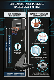 Marshal Fitness Adjustable Basketball Hoop Goal on Wheels – Shatterproof Backboard, Height Adjustable 2.30m–3.05m, Heavy-Duty Breakaway Rim