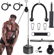 Home Cable Pulley System with Silent Pulley, Tricep Rope, 3 Hoist Buckles and Hanging Strap, Straight Bar, 2 Cables