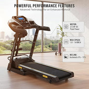 Marshal Fitness Motorized Treadmill 3.5 HP DC Peak Power, Automatic Incline 0–15%, 1–14 km/h Speed, 124×42 cm Running Belt, LCD Monitor, 115 kg Capacity